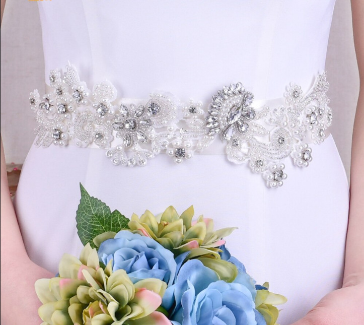 Elegant Pearl Crystal Thick Wedding Lace Belt Bride Bridesmaid Rhinestone Belts