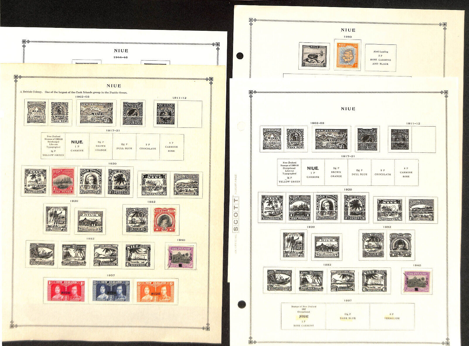 Niue Stamp Collection on 6 Scott International Pages, 1902-1950