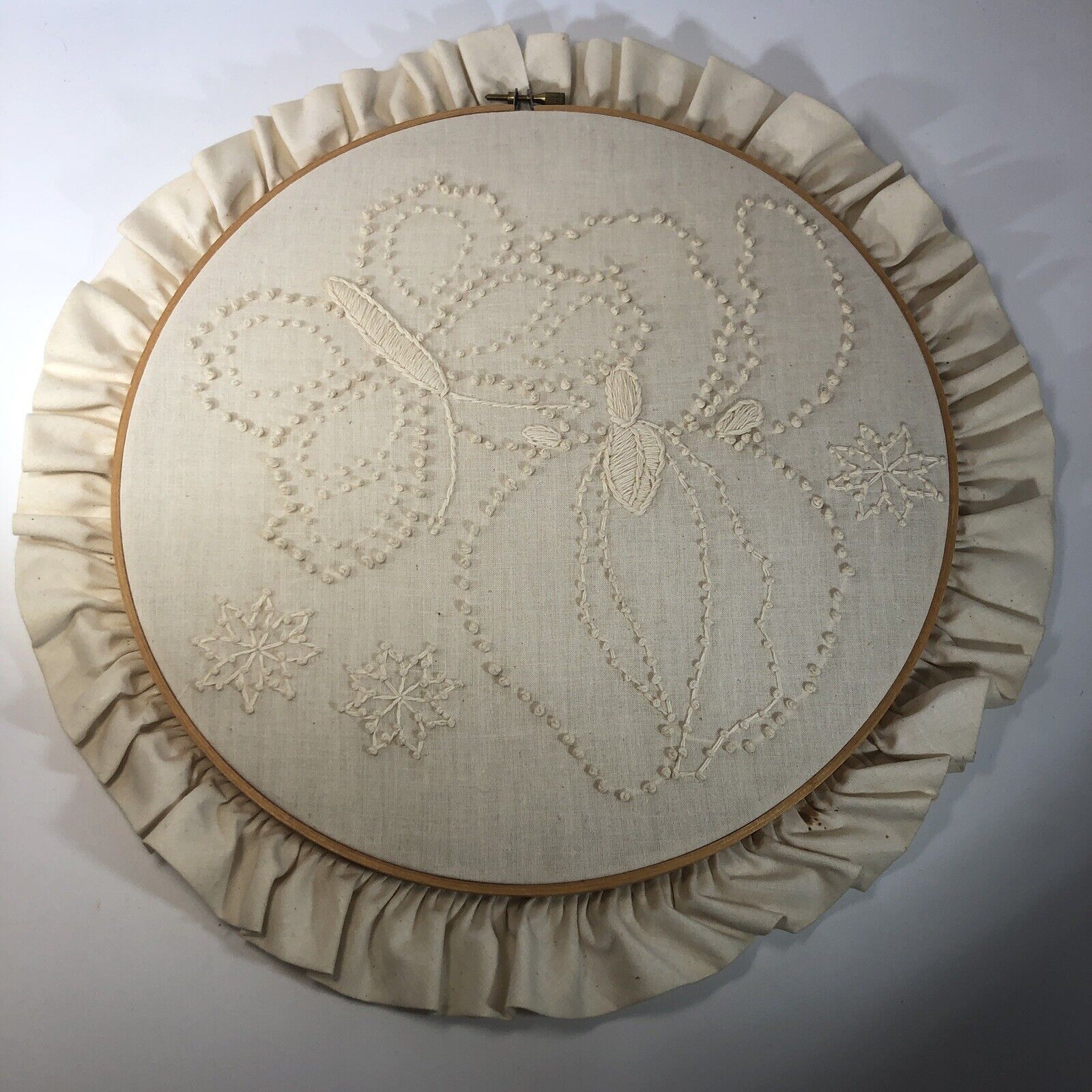 Vintage Finished Embroidery Hoop French Knot Butterfly Flowers 15”