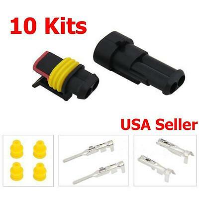 10 Kit 2 Pin Way Sealed Waterproof Electrical Wire Connector Plug Terminal Set