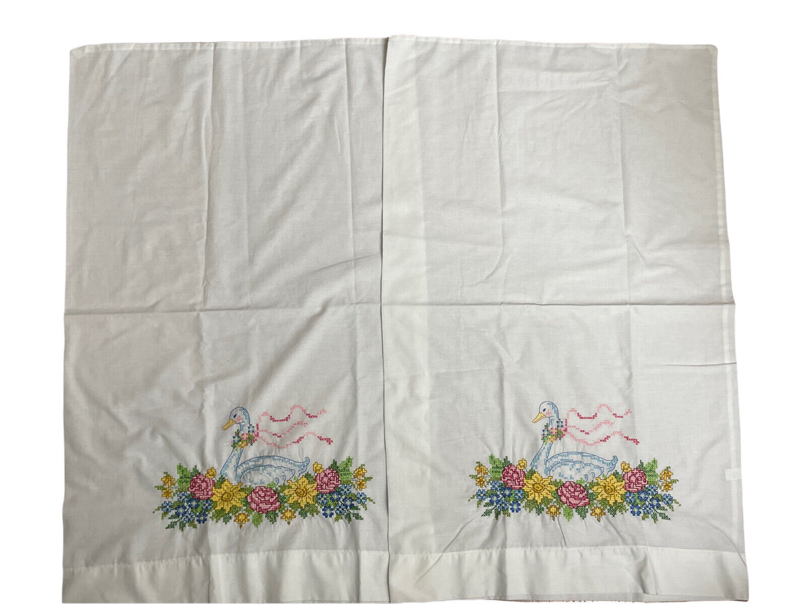 Floral Swans Pillowcases Set Hand Embroidered Cross Stitch 31.5" X 19.5" Each