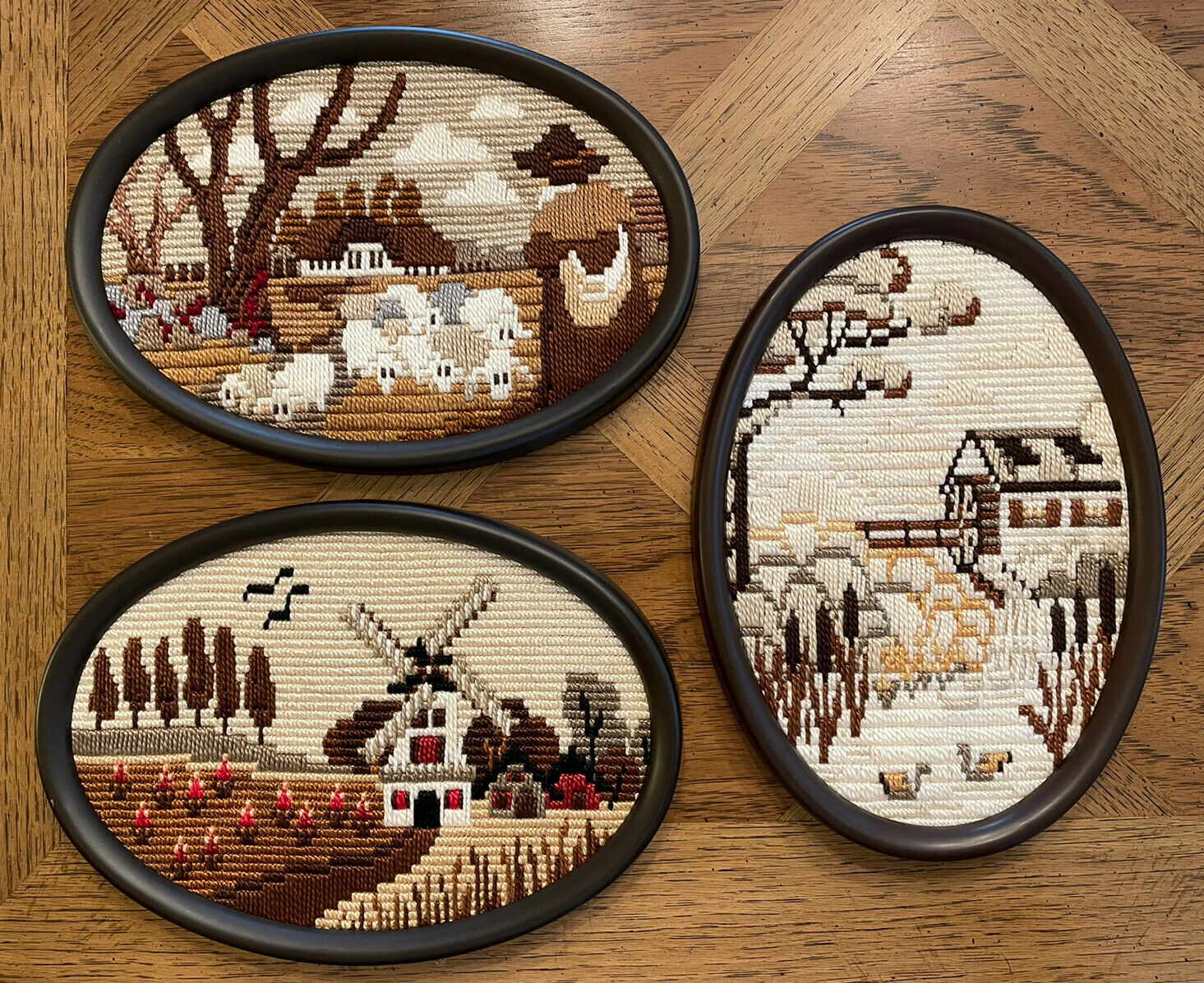 Vintage Set of 3 Long Stitch Embroidery Village Scenes Oval Framed