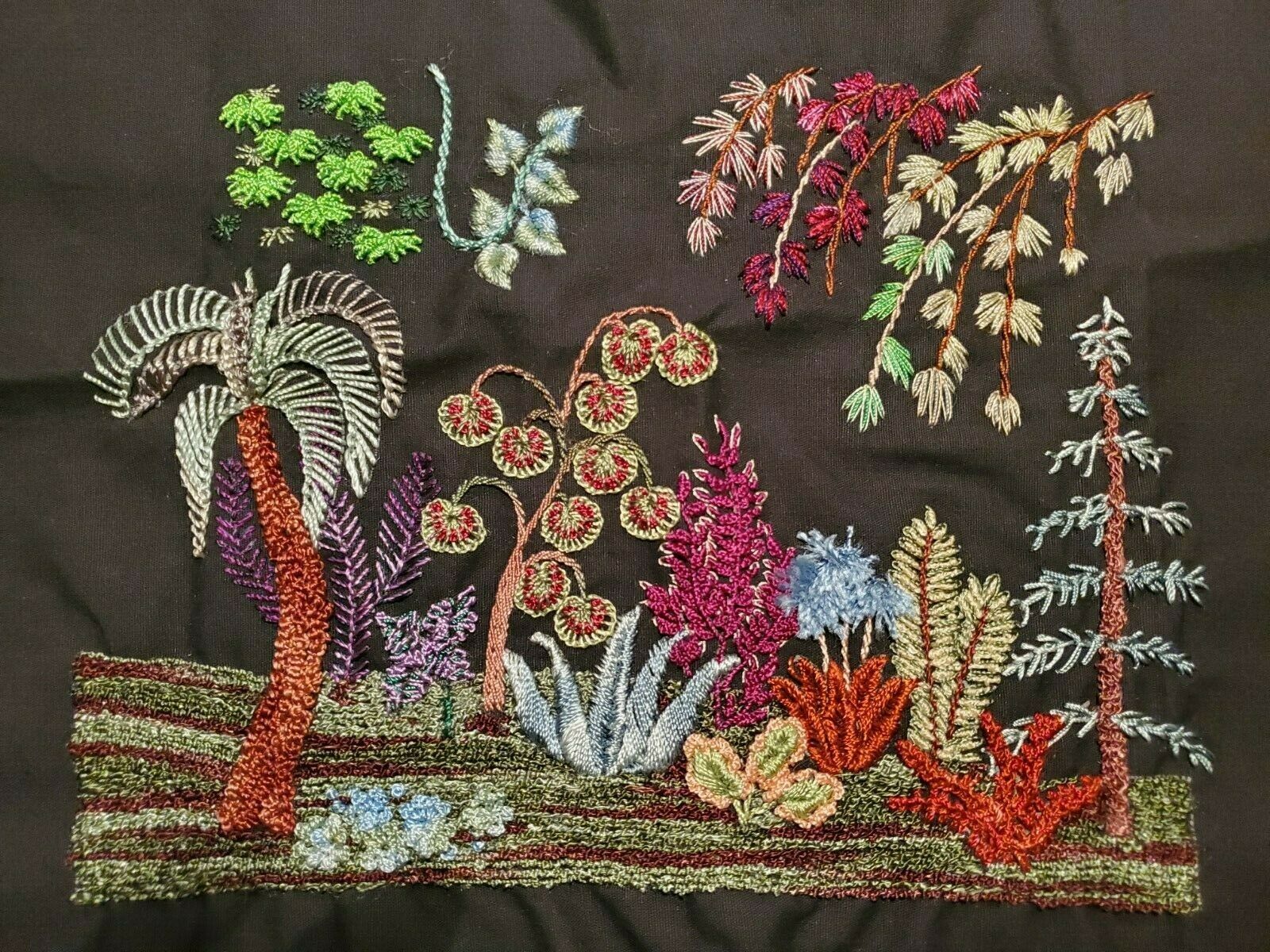 Vtg Completed Embroidery Flowers Trees Plants Nature Unframed Colorful Art Panel