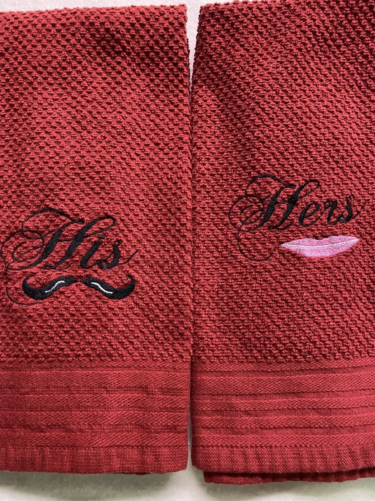 Set of His and Hers Hand Towels-Machine Embroidered-Dark Red Color