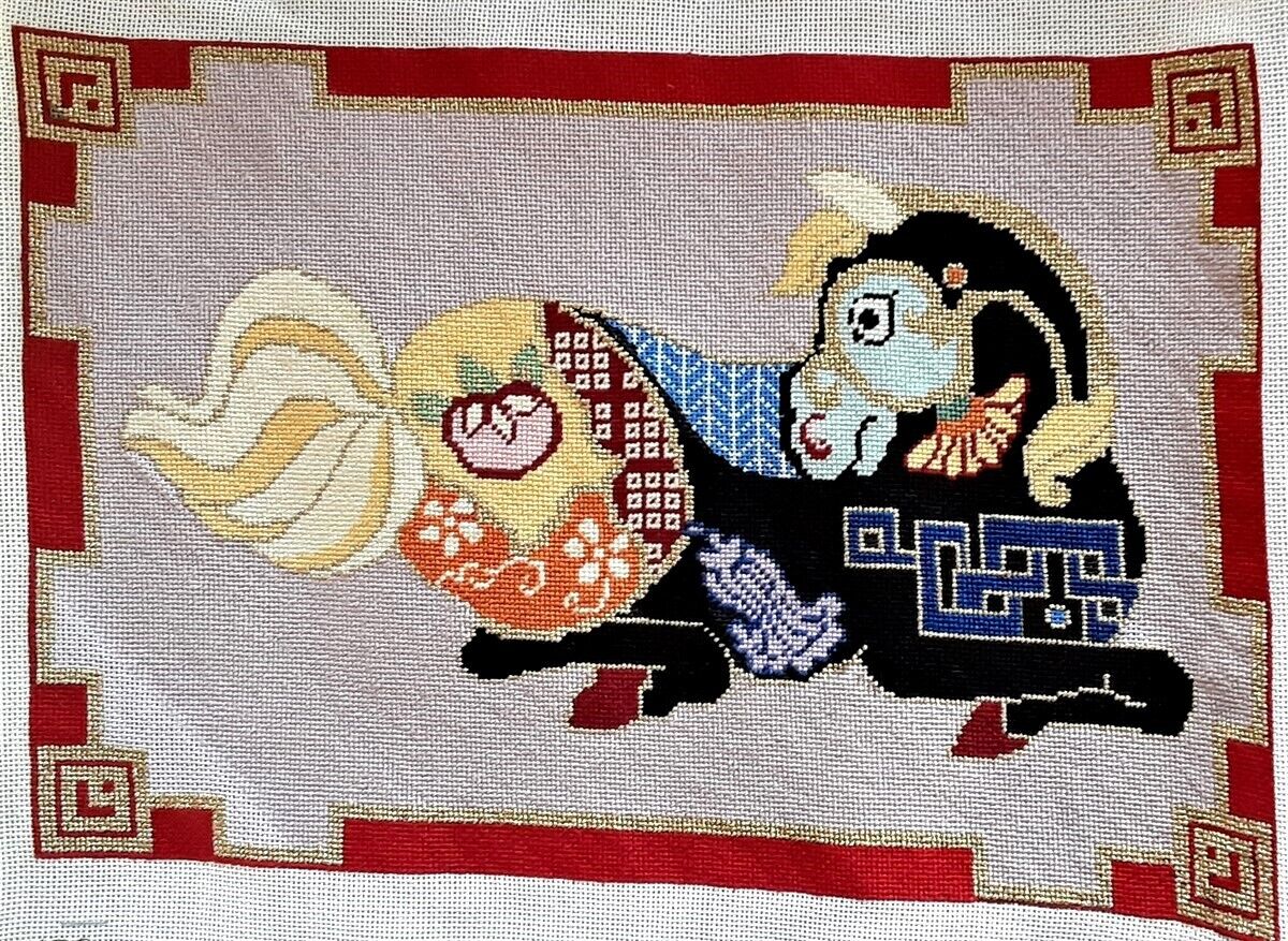 Needlepoint Petit Point Silk On Canvas Horse Pony Block Mandala Whimsical Asian