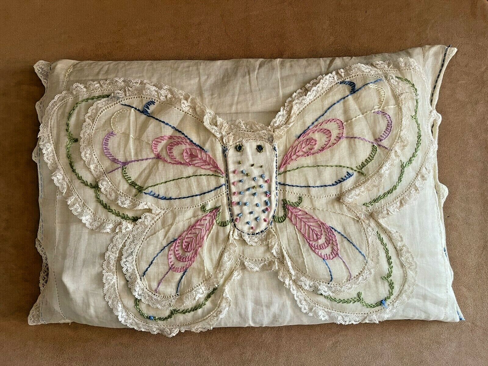 Handmade Butterfly throw pillow 12 x 18 needlework ivory handkerchief embrodery