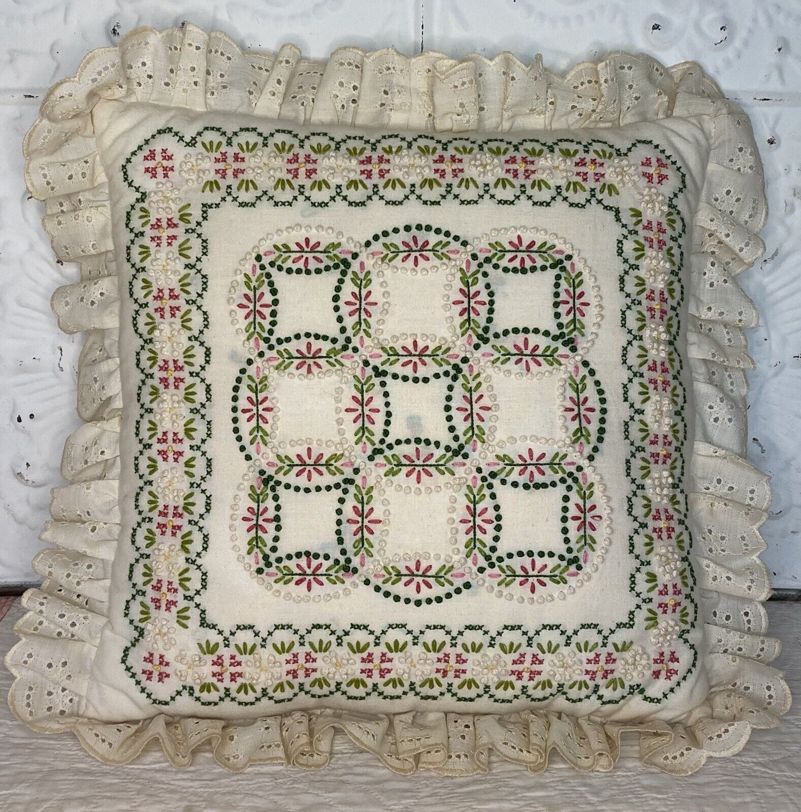 Vintage Handmade Completed Candlewick Pillow  Crewel  Cross Stitch  Wedding Ring